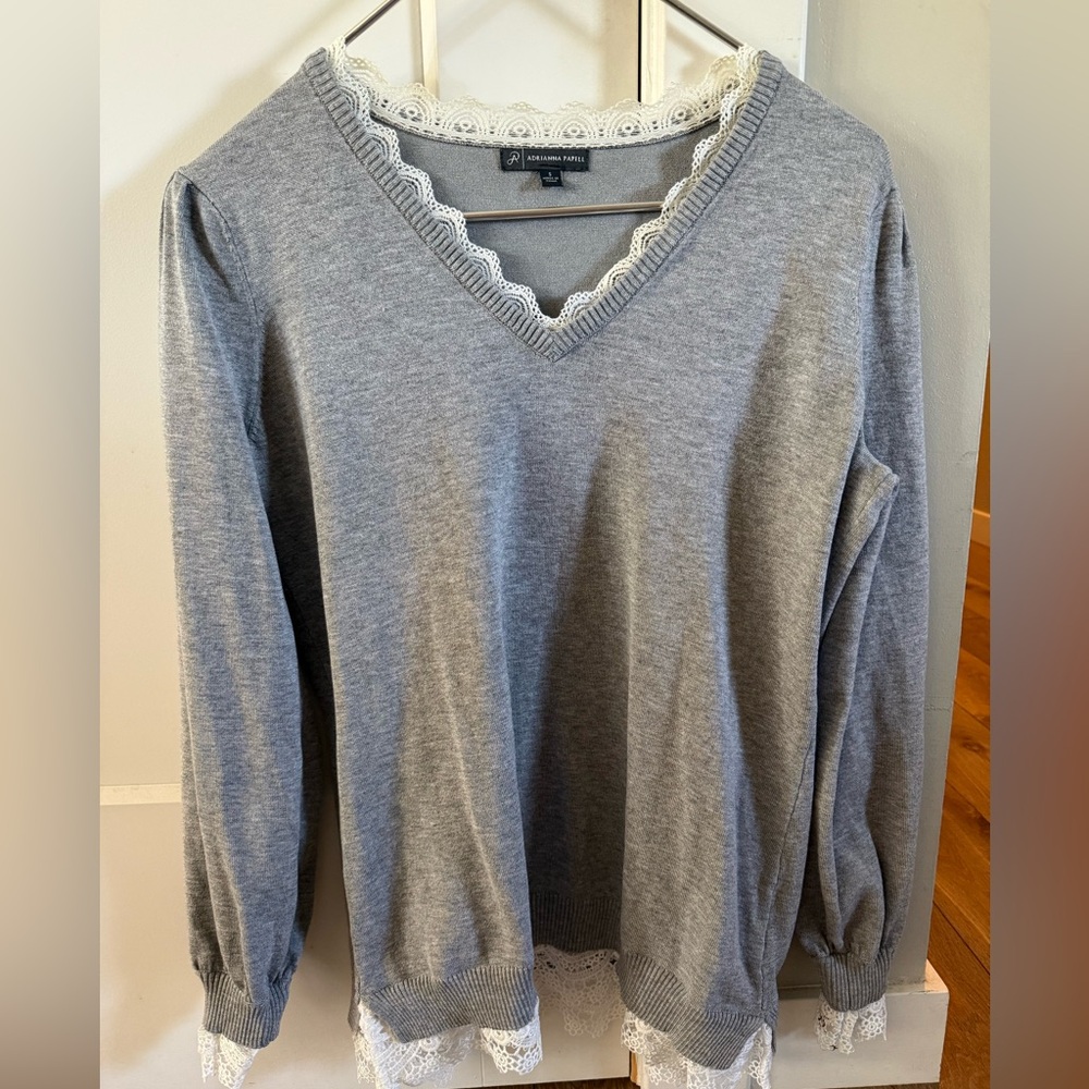 Adrianna Papell Gray V-Neck Sweater with Lace Detail